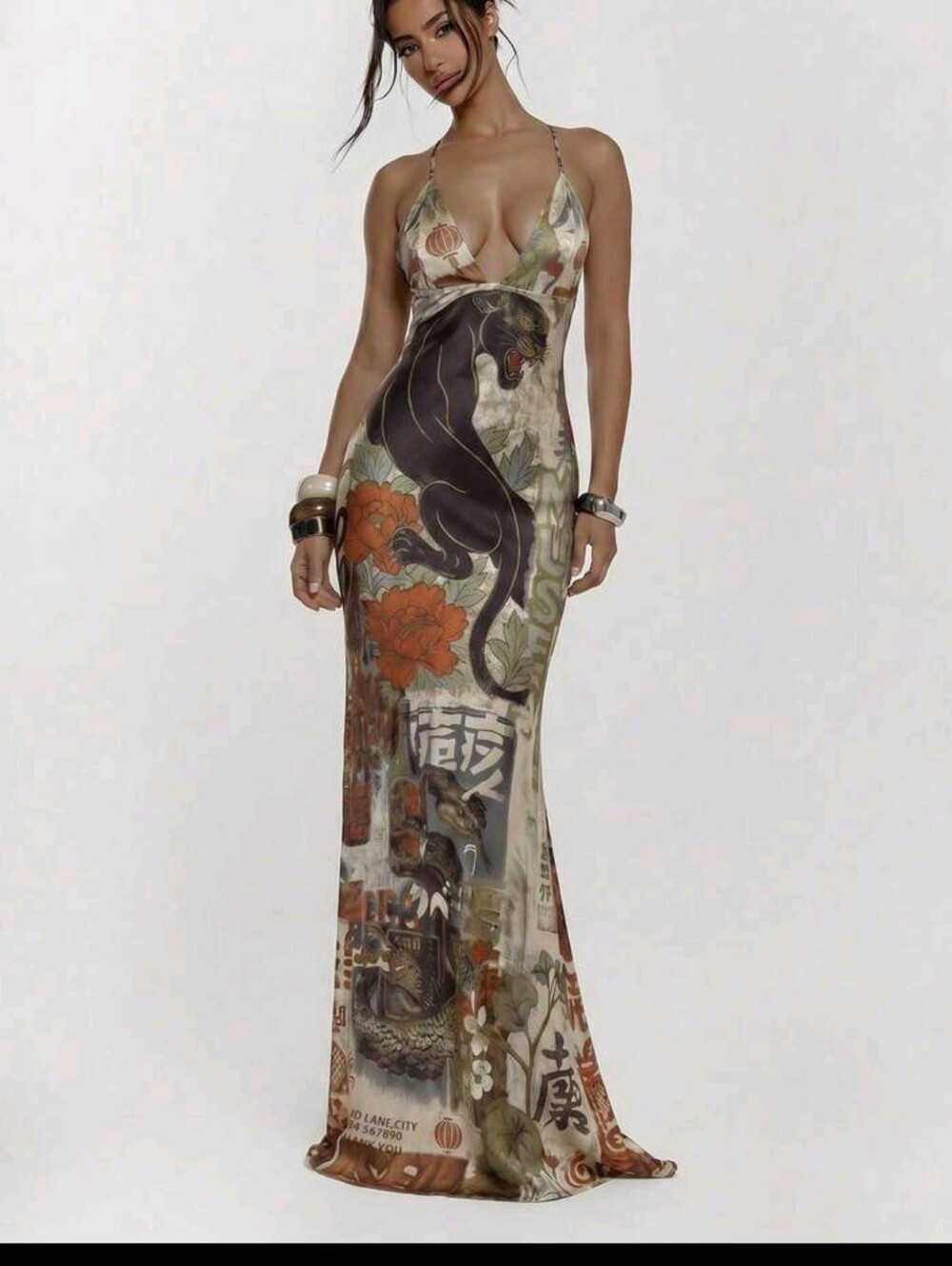 Sleeveless V-Neck Floral & Panther Print Maxi Dress — Beige Multi - Picture 5 of 5